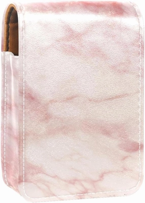Lipstick Case,Leather Lip Gloss Lipstick Organizer with Mirror,Mini Lipstick Holder Bag,White Pink Marble Texture