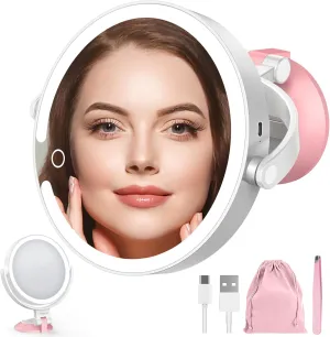 LitBear 10X/1X Magnifying Mirror Suction Cup with Light, 2025 Upgraded Wall Mounted Travel Makeup Mirror with Tweezers, 3 Color Dimmable Rechargeable Lighted Magnifying Mirror with 360 Rotation