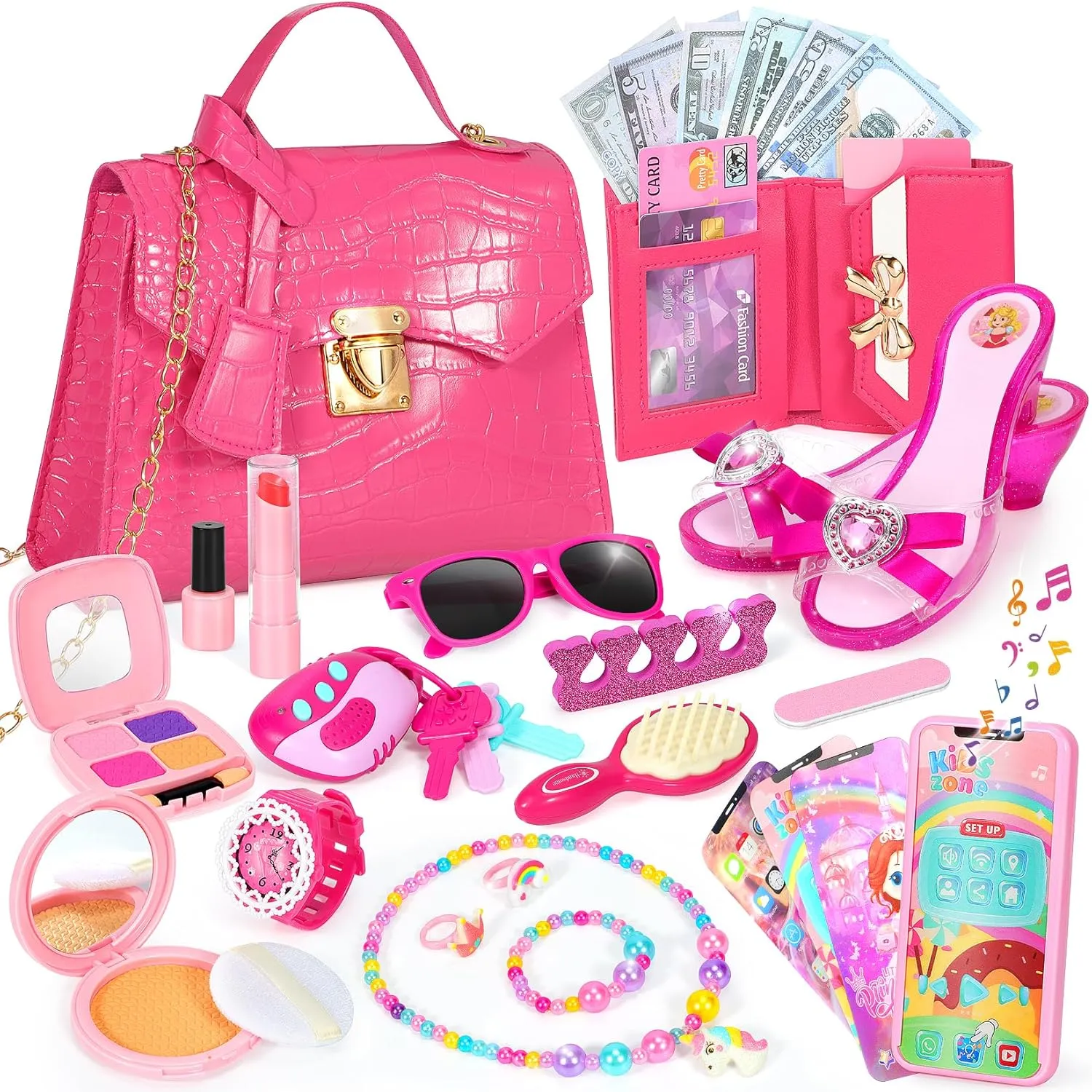 Little Girl Purse, Toddler Purse with Pretend Makeup Set, Hagpo Kids Play Purse Toys with Handbag, Heels, Princess Jewelry, Birthday Toys for Girls Ages 3 4 5 6