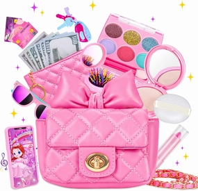Little Girl Purse with Kids Makeup Kit, My First Purse Set with Chain Bag and More Pretend Play Toys, Princess Toys Christmas Birthday Gifts for Toddler Girl Age 3-8 (Pink-New)