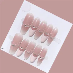 Long Almond Pure Handmade Press on Nails Diamonds Nail Art Decoration Blush Blooming Pink Manicure for Women and Girls 10PCS (ZJ-M)