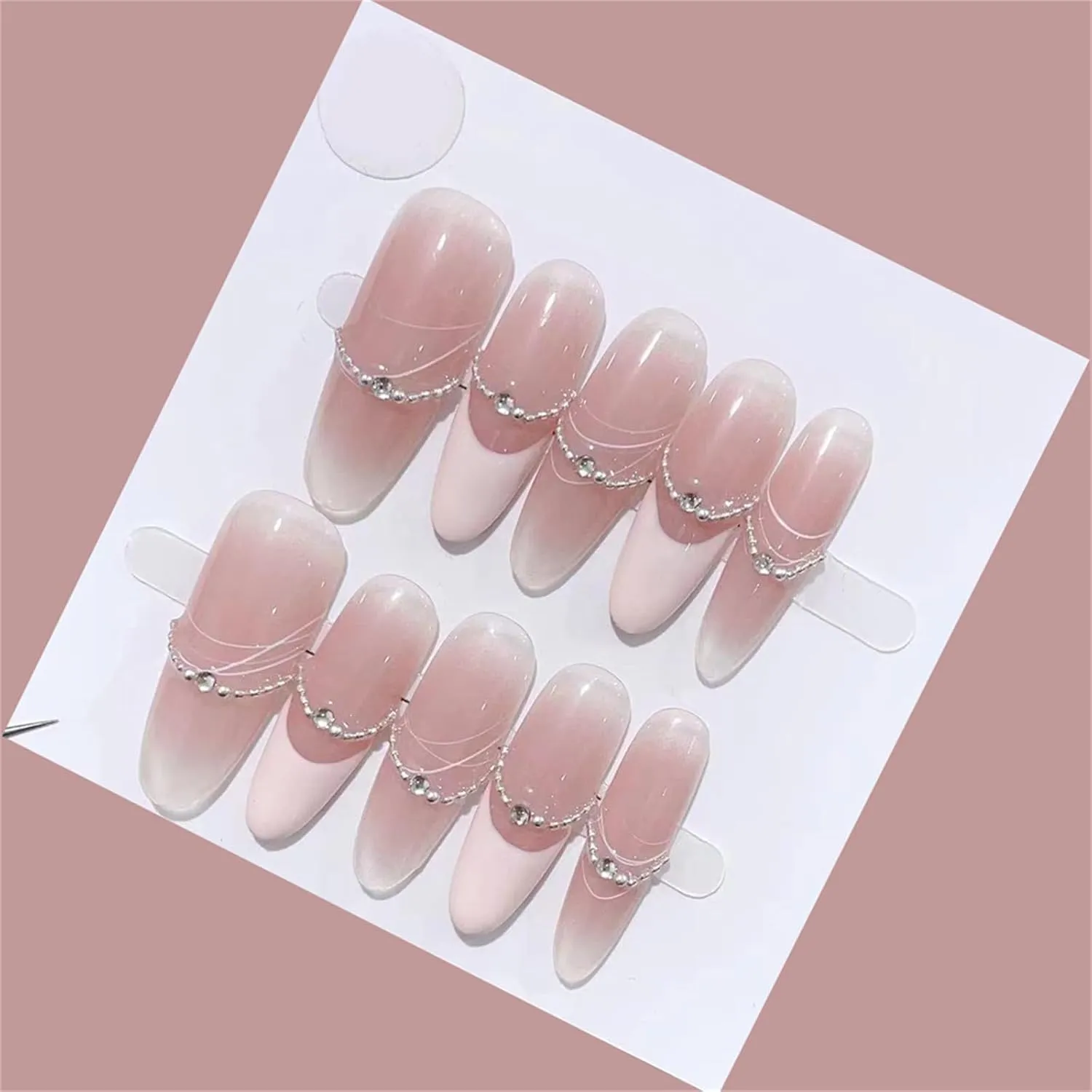 Long Almond Pure Handmade Press on Nails Diamonds Nail Art Decoration Blush Blooming Pink Manicure for Women and Girls 10PCS (ZJ-XS)