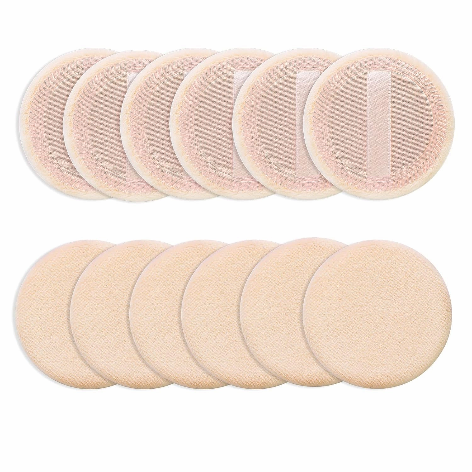 Loose Powder Puff 12 Pieces Round Velour Face Makeup Compact Body Container Setting Pressed Blending Foundation Cream Make Up Ribbon Strap Sponge Cushion Applicator (Skin Color)