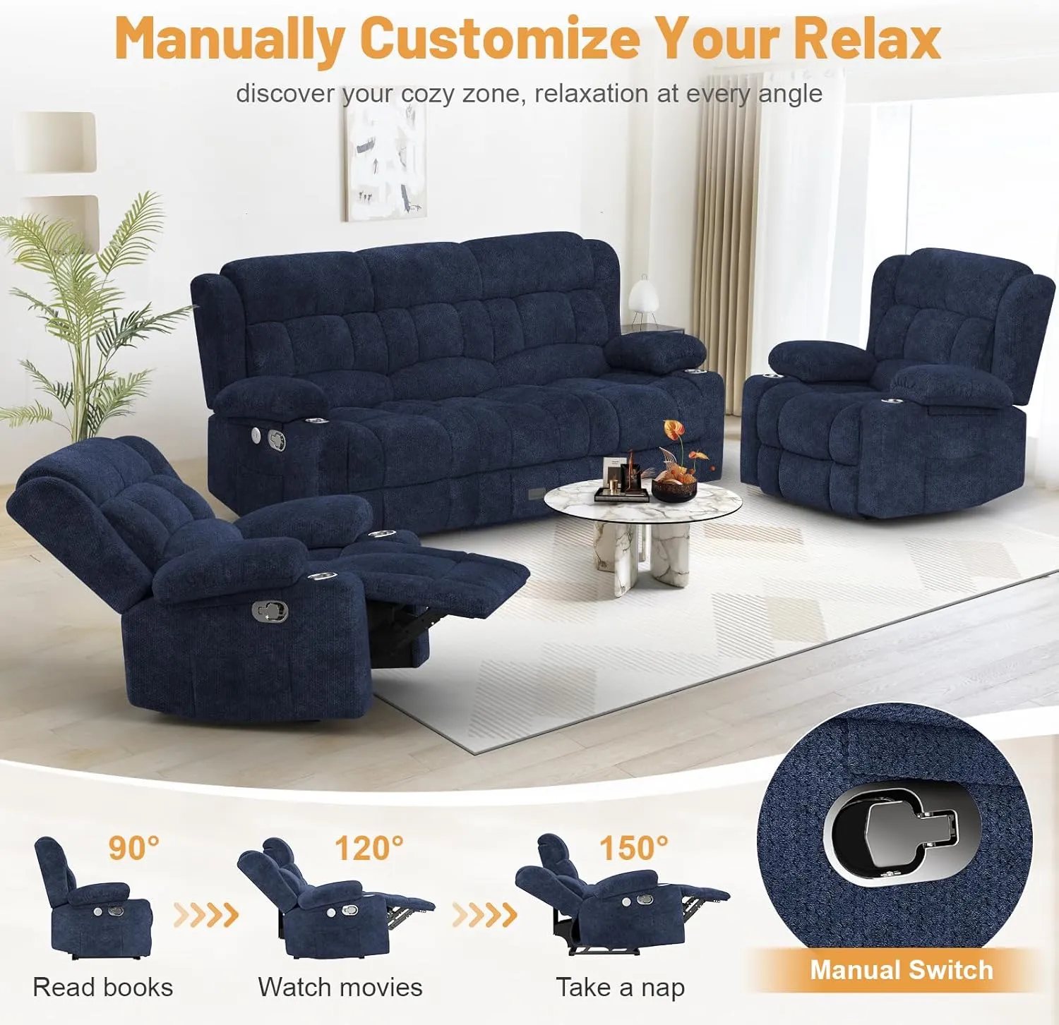 Loveseat Recliner Sofa Set, Flip Middle Backrest Design 3 Seater Reclining Sofa and 2PC Single Oversized Recliner Chair, Manual Couches for Living Room/RV (Blue, 3 1 1)