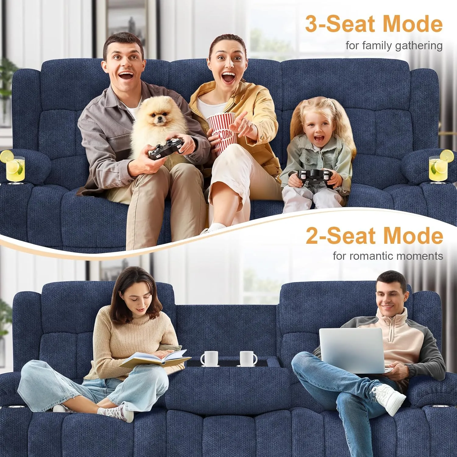 Loveseat Recliner Sofa Set, Flip Middle Backrest Design 3 Seater Reclining Sofa and 2PC Single Oversized Recliner Chair, Manual Couches for Living Room/RV (Blue, 3 1 1)