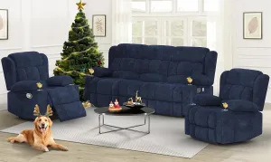Loveseat Recliner Sofa Set, Flip Middle Backrest Design 3 Seater Reclining Sofa and 2PC Single Oversized Recliner Chair, Manual Couches for Living Room/RV (Blue, 3 1 1)