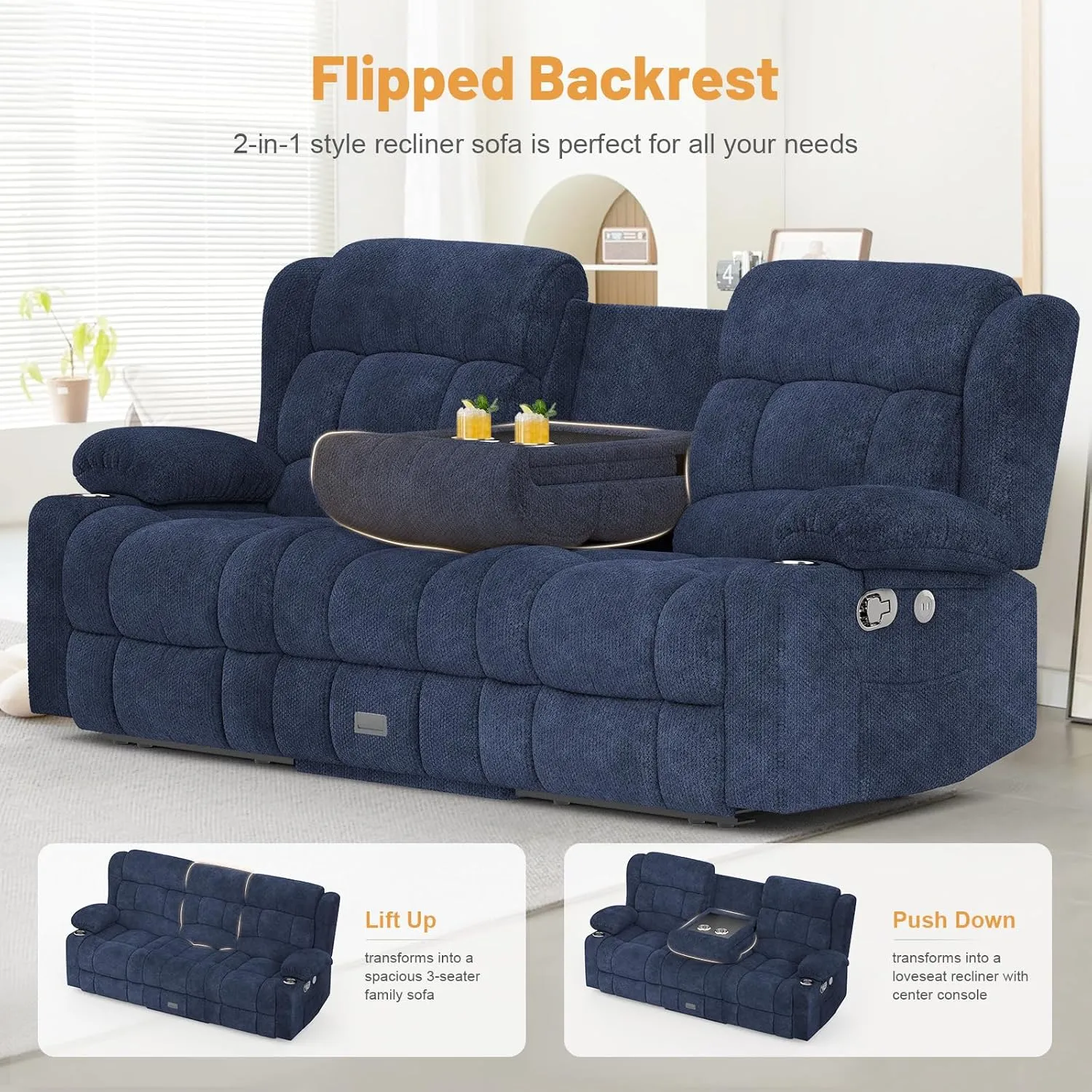Loveseat Recliner Sofa Set, Flip Middle Backrest Design 3 Seater Reclining Sofa and 2PC Single Oversized Recliner Chair, Manual Couches for Living Room/RV (Blue, 3 1 1)
