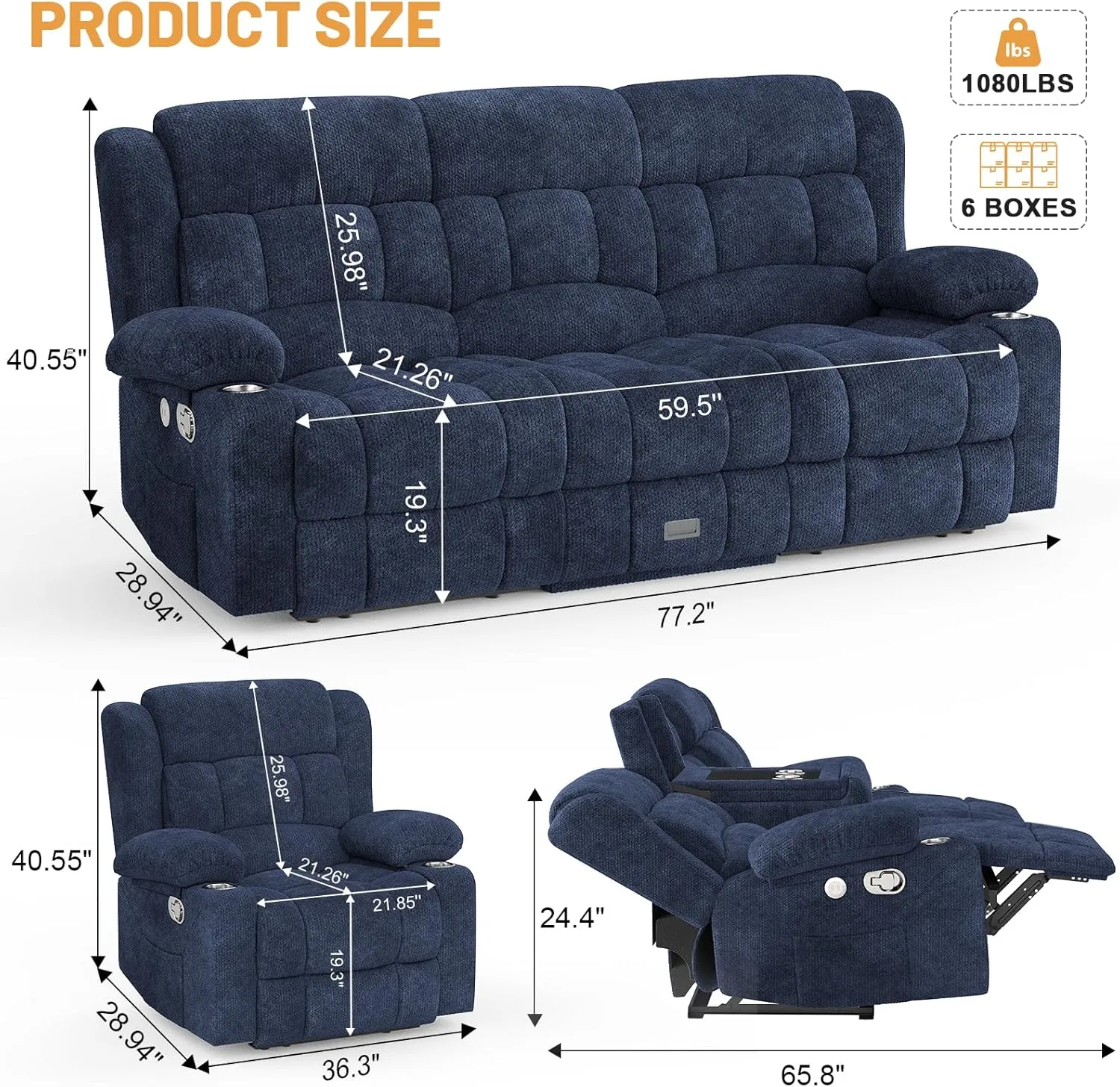 Loveseat Recliner Sofa Set, Flip Middle Backrest Design 3 Seater Reclining Sofa and 2PC Single Oversized Recliner Chair, Manual Couches for Living Room/RV (Blue, 3 1 1)