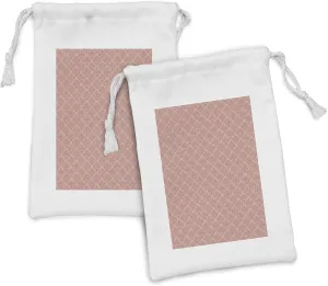 Lunarable Pink Damask Fabric Pouch Set of 2, Vintage Faded Effect Swirled Floral Bouquet Rhombus Shape Damask Moss, Small Drawstring Bag for Toiletries Masks and Favors, 9" x 6", Dried Rose and Blush