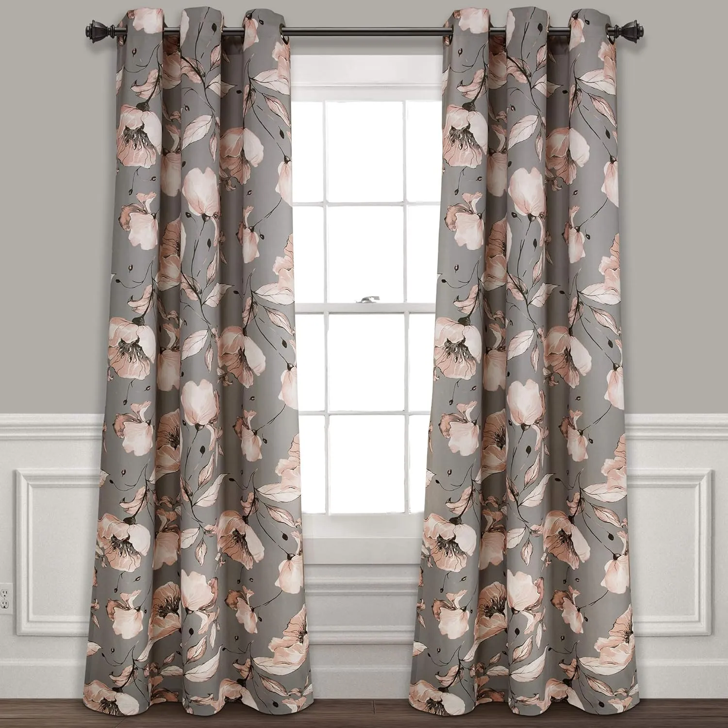 Lush Decor Blush-and-Gray Delsey Floral Blackout Window Curtain Set (84" x 38")