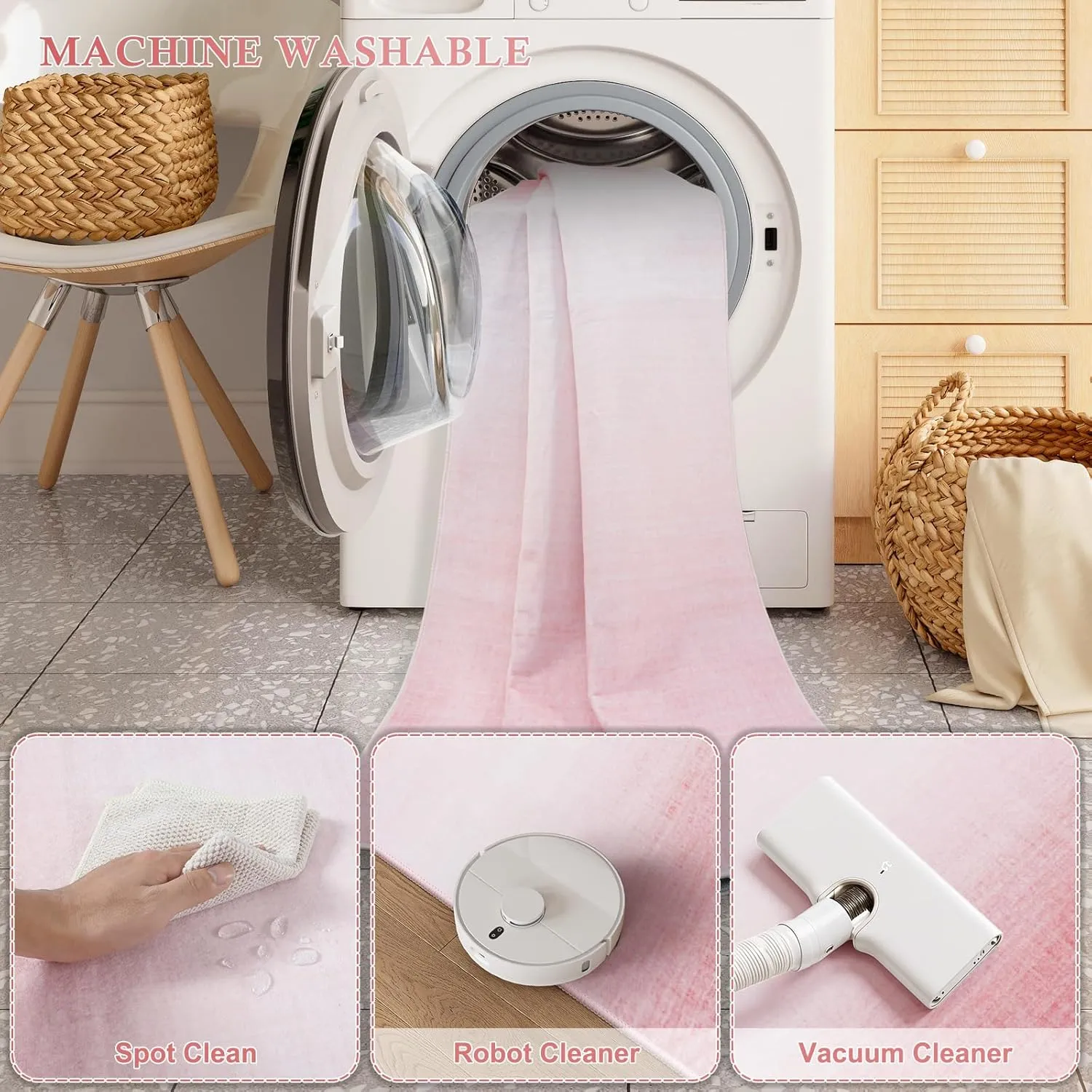 Machine Washable 5x7 Area Rugs for Living Room Ombre, Non Slip Pink Soft Low Pile Abstract Modern Cute Girls Rugs for Bedroom Indoor, Large Carpet Playroom Nusrery Kids Dining Office Room Rugs