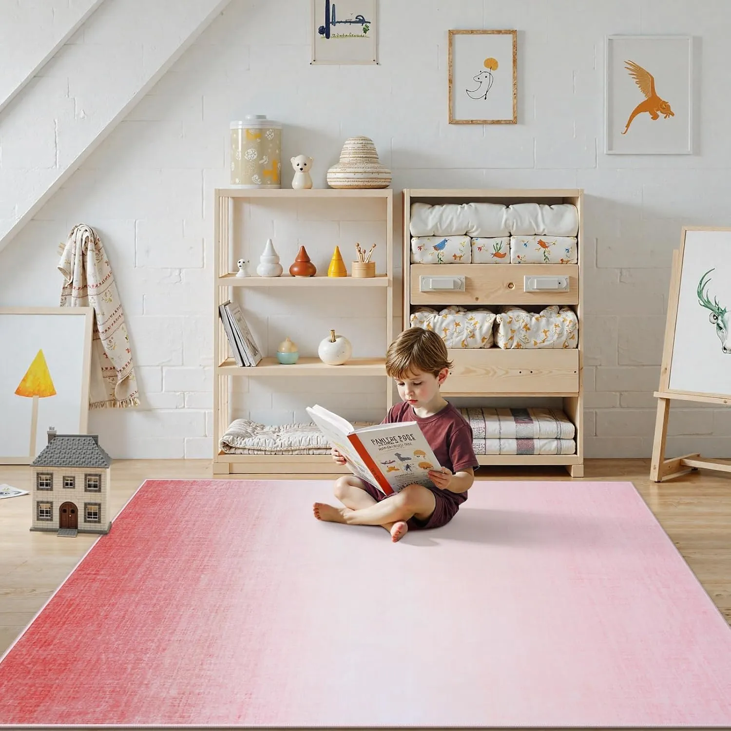 Machine Washable 5x7 Area Rugs for Living Room Ombre, Non Slip Pink Soft Low Pile Abstract Modern Cute Girls Rugs for Bedroom Indoor, Large Carpet Playroom Nusrery Kids Dining Office Room Rugs