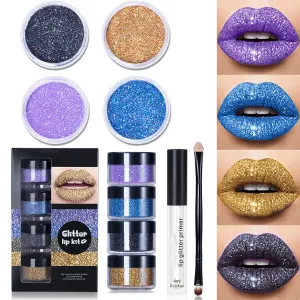 MAEPEOR Glitter Lip Kit 4 Colors Diamond Metallic Shimmer Lip Powder with Primer and Brush - Nails Art (Blue Gold)