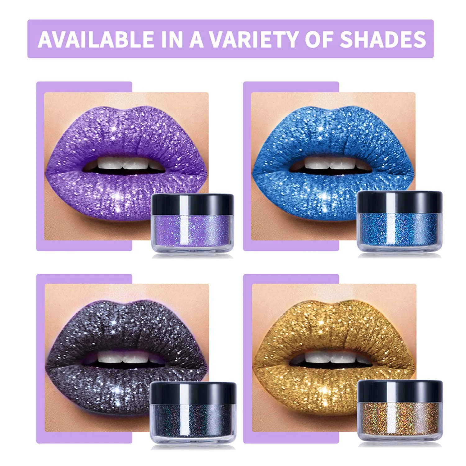 MAEPEOR Glitter Lip Kit 4 Colors Diamond Metallic Shimmer Lip Powder with Primer and Brush - Nails Art (Blue Gold)