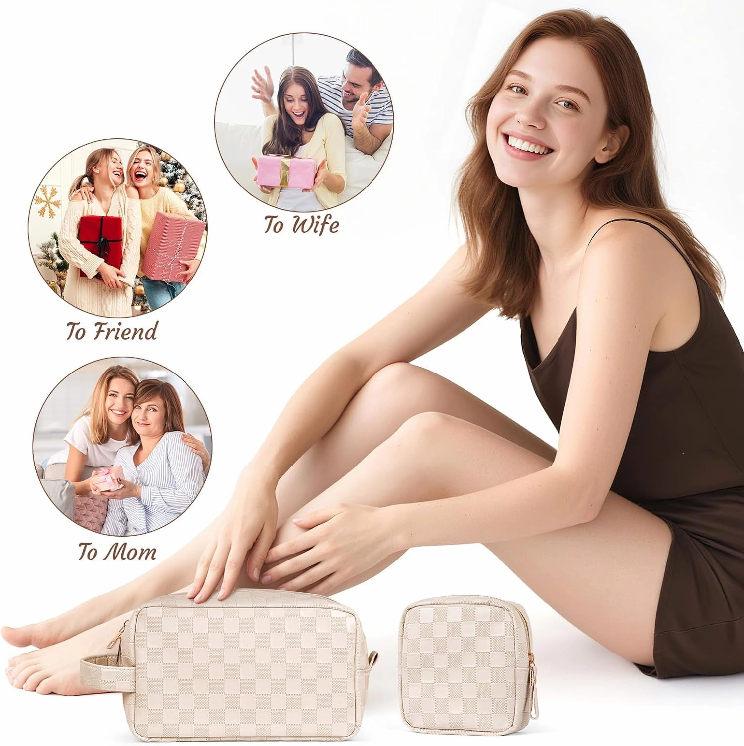 MAGEFY 2Pcs Makeup Bag, Cute Checkered Pouch with Handle, Leather Travel Makeup Pouches for purse Make Up Bag for Cosmetic, Lipstick,Beige