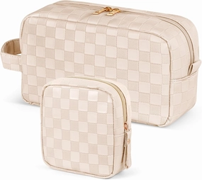 MAGEFY 2Pcs Makeup Bag, Cute Checkered Pouch with Handle, Leather Travel Makeup Pouches for purse Make Up Bag for Cosmetic, Lipstick,Beige