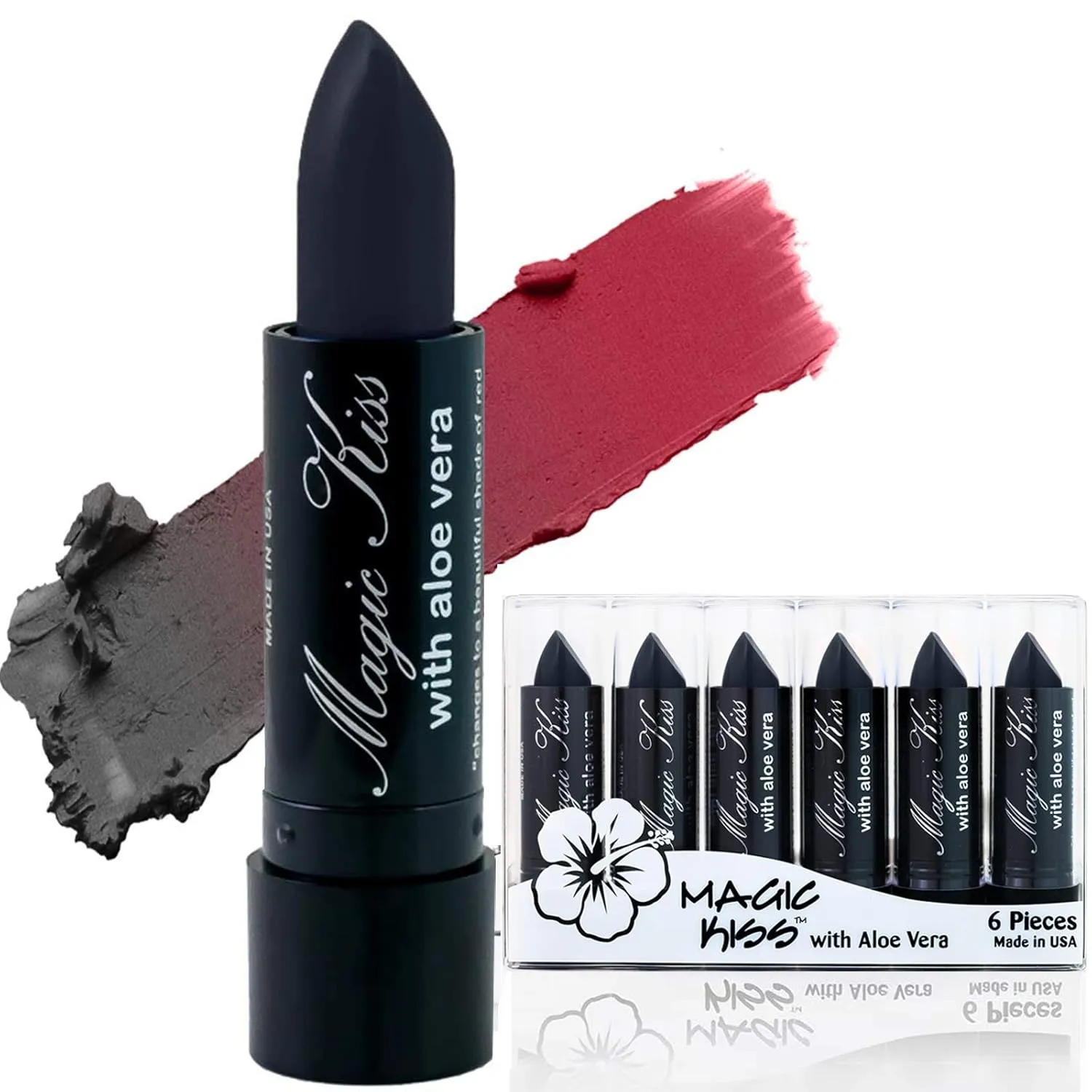 Magic Kiss Lipstick Set Aloe Vera Color Changing 6 Pack MADE IN USA (Black)