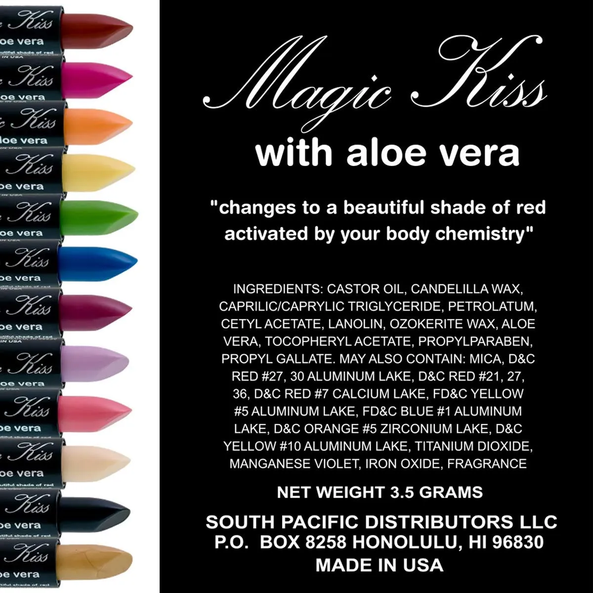Magic Kiss Lipstick Set Aloe Vera Color Changing 6 Pack MADE IN USA (Black)