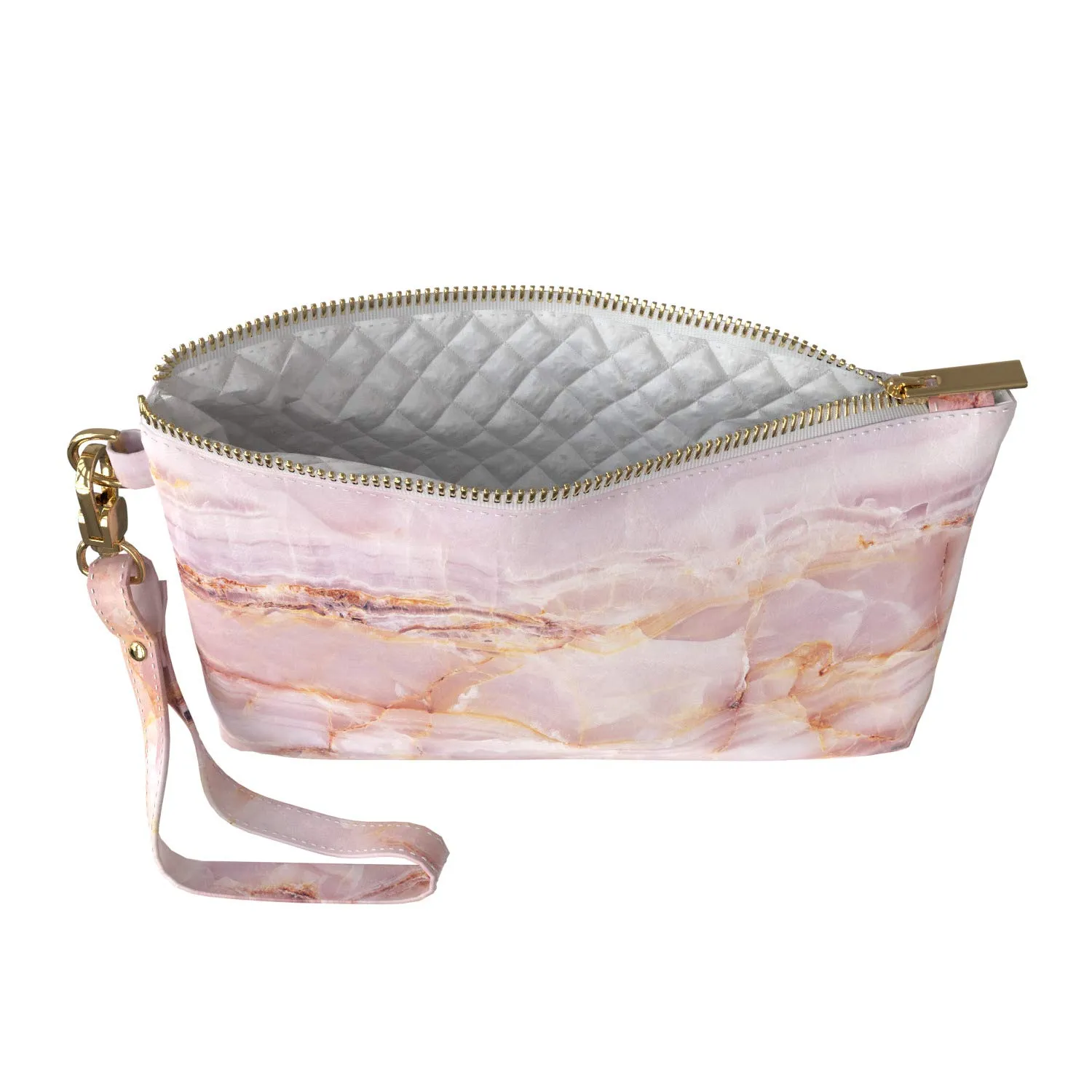 Makeup Bag 9.5 x 6 inch Print PU Leather Toiletry Zipper Travel Case Strap Accessories Cosmetic Portable Organizer Design Stone Unique Purse Pouch Storage Blush Luxury Marble Pink Gold Rose