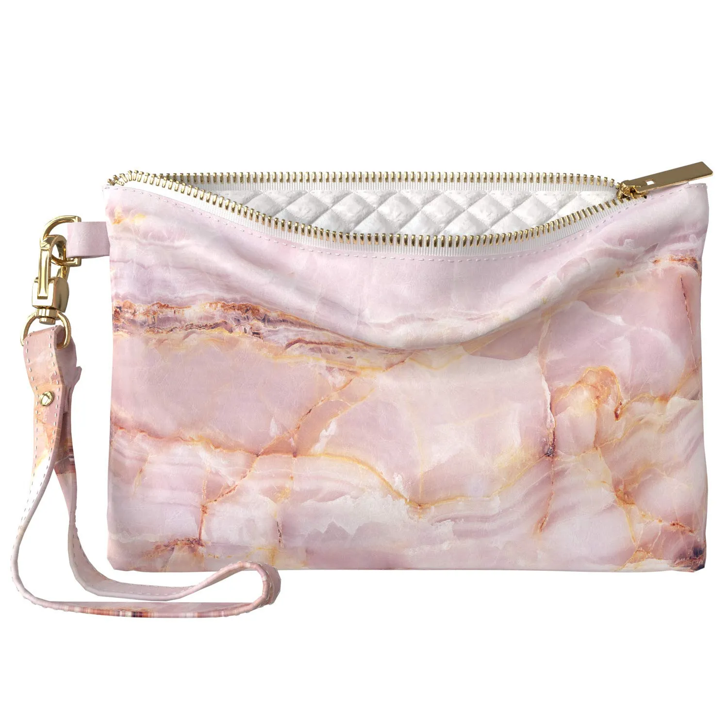 Makeup Bag 9.5 x 6 inch Print PU Leather Toiletry Zipper Travel Case Strap Accessories Cosmetic Portable Organizer Design Stone Unique Purse Pouch Storage Blush Luxury Marble Pink Gold Rose