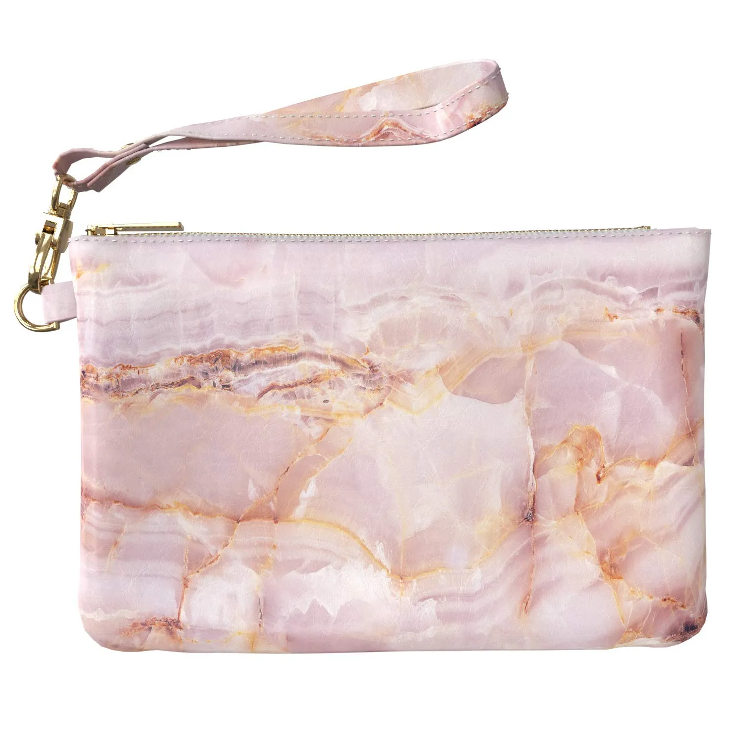 Makeup Bag 9.5 x 6 inch Print PU Leather Toiletry Zipper Travel Case Strap Accessories Cosmetic Portable Organizer Design Stone Unique Purse Pouch Storage Blush Luxury Marble Pink Gold Rose