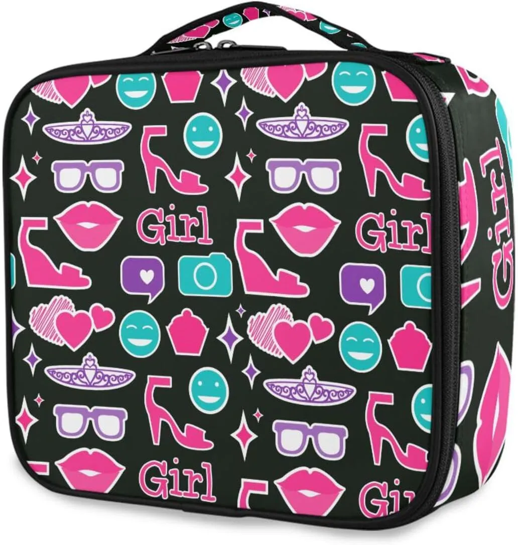 Makeup Bag Bright Sunglasses Lips Pink Travel Cosmetic Bag Large Train Case with Adjustable Dividers
