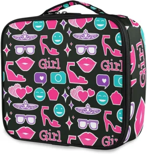 Makeup Bag Bright Sunglasses Lips Pink Travel Cosmetic Bag Large Train Case with Adjustable Dividers