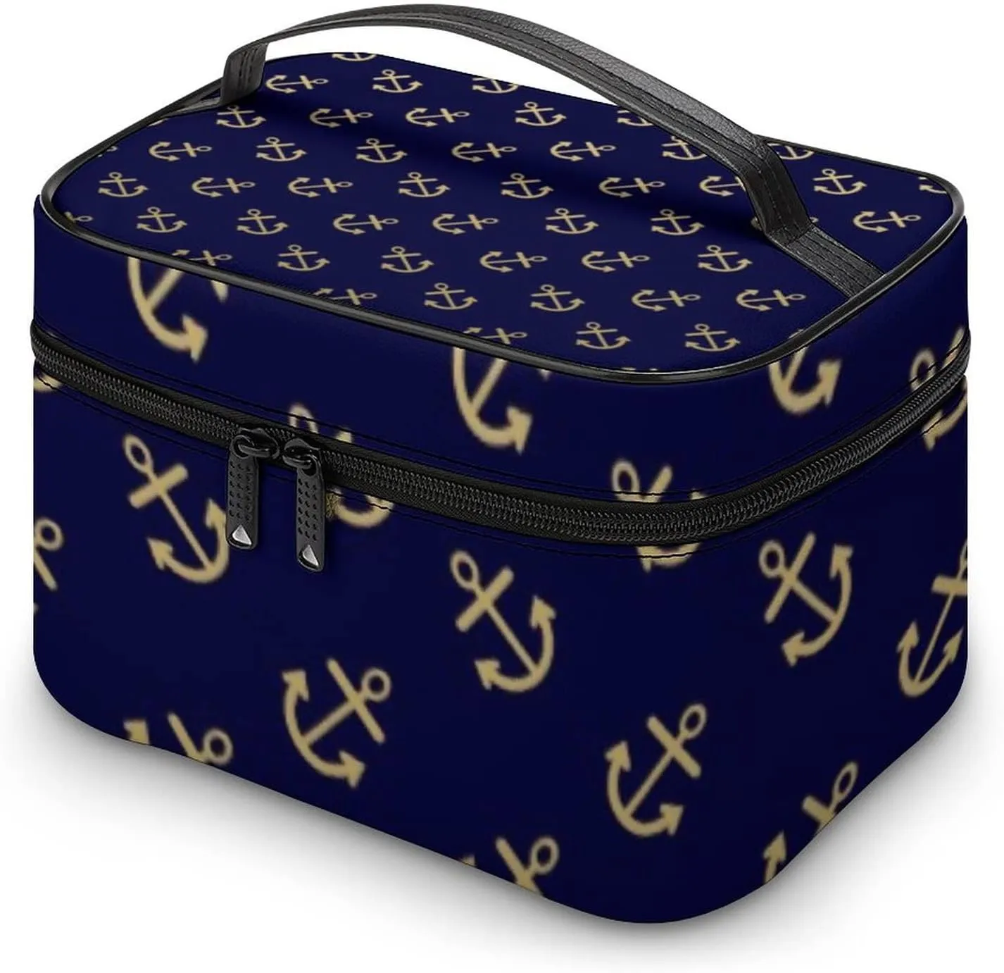 Makeup Bag, Gold Anchors Navy Blue Background Pattern Travel Cosmetic Bag Makeup Organizer Case Large Capacity Portable Zipper Toiletry Bag Travel Organizer Accessories