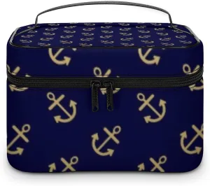 Makeup Bag, Gold Anchors Navy Blue Background Pattern Travel Cosmetic Bag Makeup Organizer Case Large Capacity Portable Zipper Toiletry Bag Travel Organizer Accessories