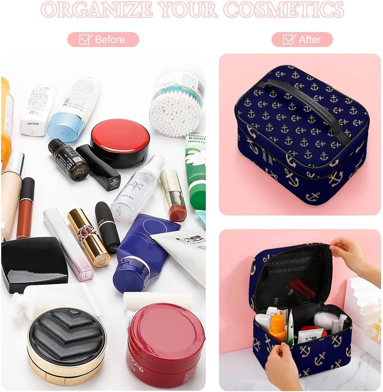 Makeup Bag, Gold Anchors Navy Blue Background Pattern Travel Cosmetic Bag Makeup Organizer Case Large Capacity Portable Zipper Toiletry Bag Travel Organizer Accessories
