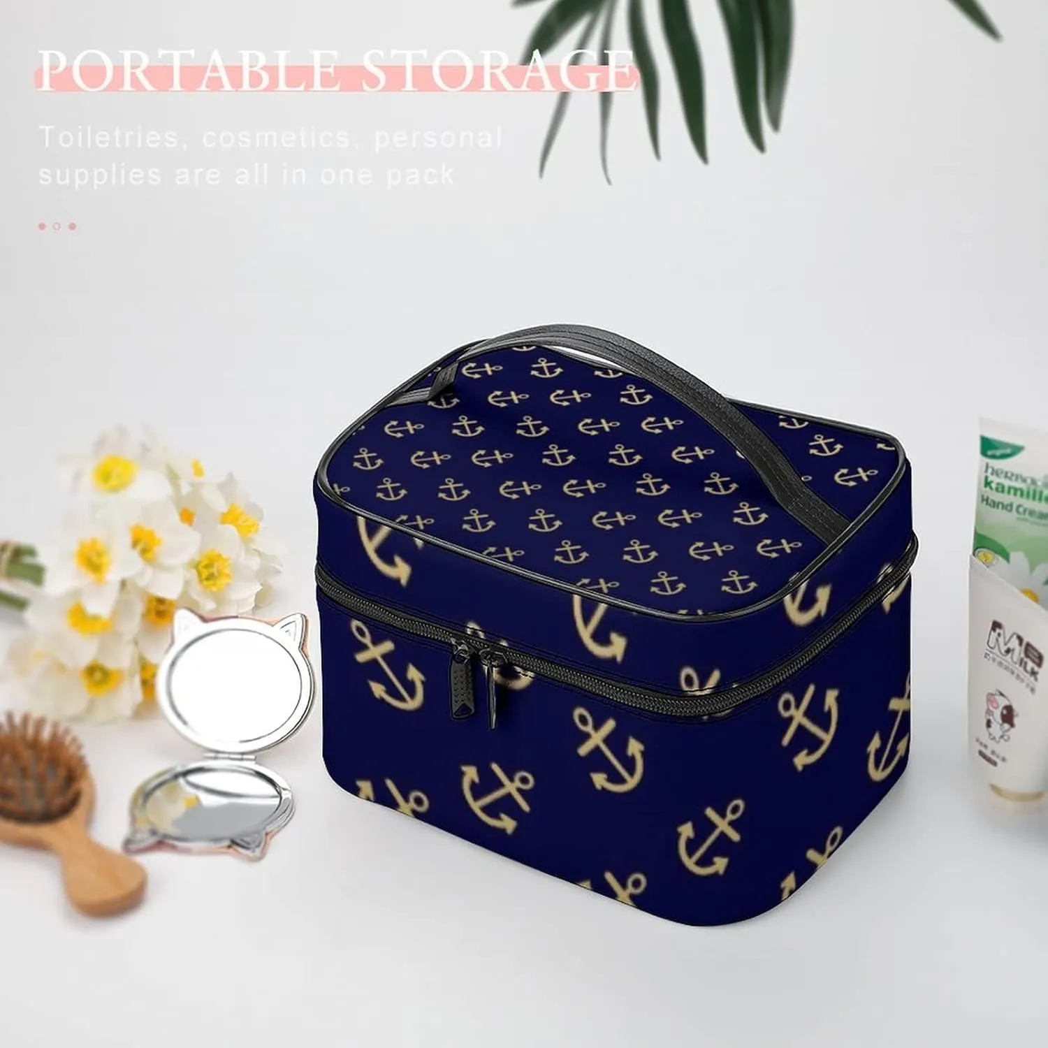 Makeup Bag, Gold Anchors Navy Blue Background Pattern Travel Cosmetic Bag Makeup Organizer Case Large Capacity Portable Zipper Toiletry Bag Travel Organizer Accessories