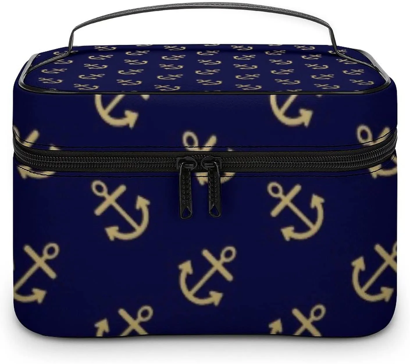 Makeup Bag, Gold Anchors Navy Blue Background Pattern Travel Cosmetic Bag Makeup Organizer Case Large Capacity Portable Zipper Toiletry Bag Travel Organizer Accessories