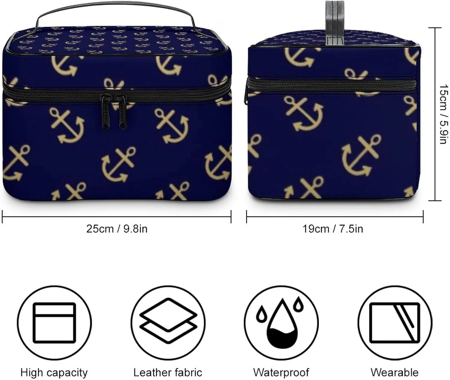 Makeup Bag, Gold Anchors Navy Blue Background Pattern Travel Cosmetic Bag Makeup Organizer Case Large Capacity Portable Zipper Toiletry Bag Travel Organizer Accessories