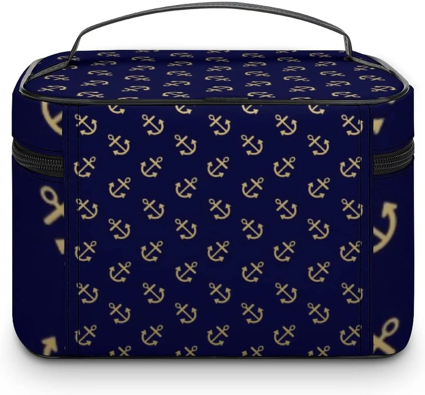 Makeup Bag, Gold Anchors Navy Blue Background Pattern Travel Cosmetic Bag Makeup Organizer Case Large Capacity Portable Zipper Toiletry Bag Travel Organizer Accessories