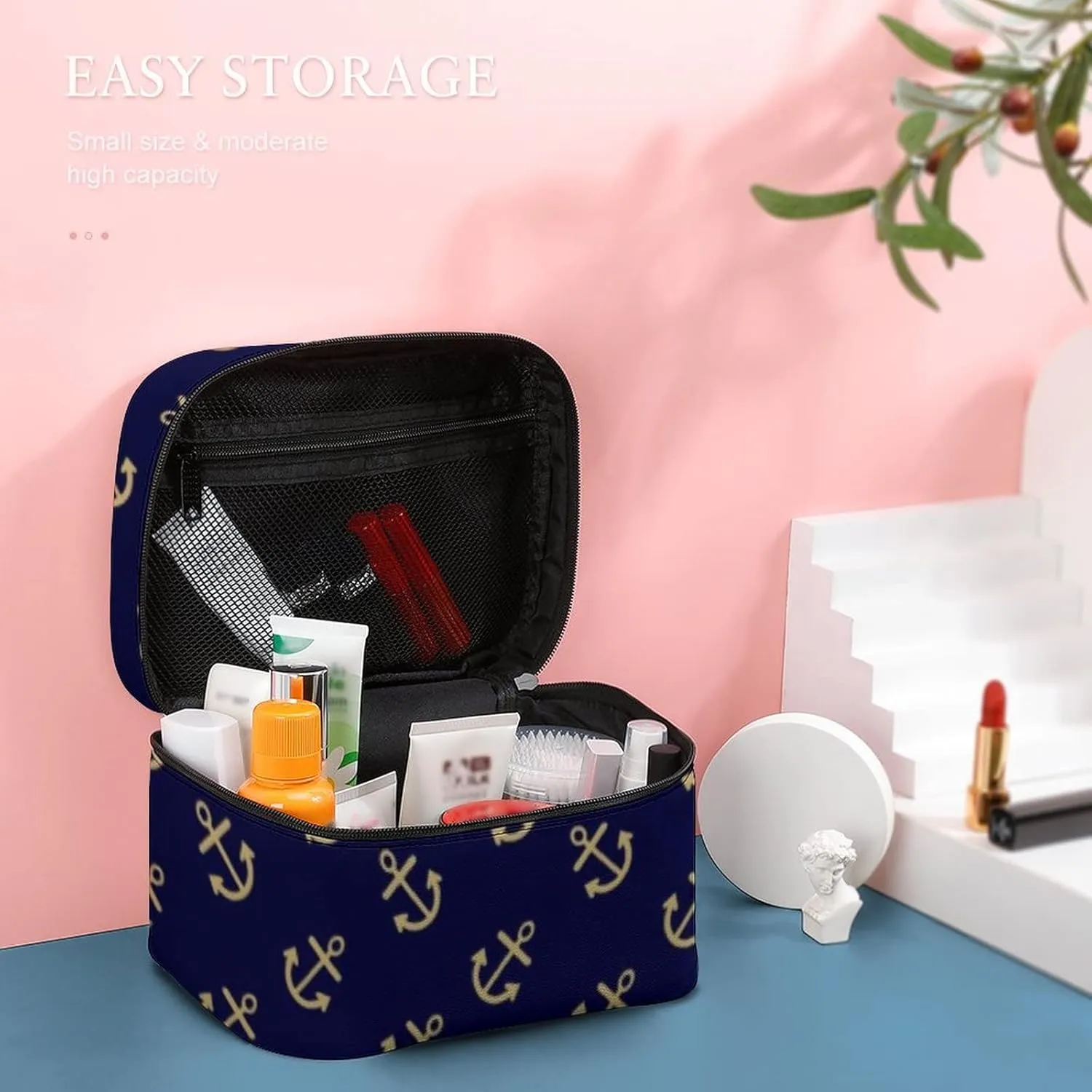 Makeup Bag, Gold Anchors Navy Blue Background Pattern Travel Cosmetic Bag Makeup Organizer Case Large Capacity Portable Zipper Toiletry Bag Travel Organizer Accessories