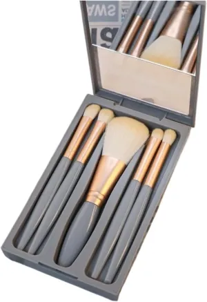 Makeup Brush Set with Mirror for Travel - Lip Highlight, Eyeshadow and Foundation Powder Blending Cosmetic Tools(Blue Version)