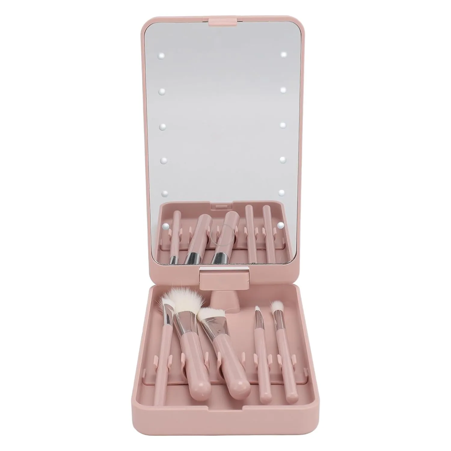 Makeup Brush Set with Mirror Travel Essentials for Women Multipurpose Use Organized Brushes Rotatable Mirror High Clarity LED Light Compact for Home Dorm Travel