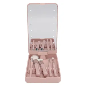 Makeup Brush Set with Mirror Travel Essentials for Women Multipurpose Use Organized Brushes Rotatable Mirror High Clarity LED Light Compact for Home Dorm Travel
