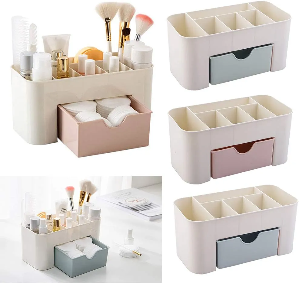 Makeup Desk Storage Box Organizer with Drawers for Dressing Table, Bathroom Counter for Brushes, Eyeshadow, Lotions, Lipstick and Nail Polish (Blue)