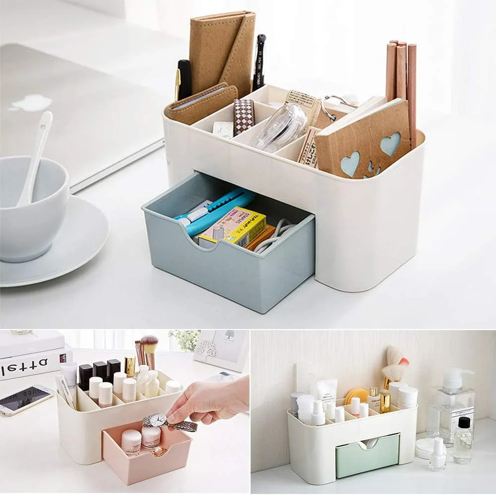 Makeup Desk Storage Box Organizer with Drawers for Dressing Table, Bathroom Counter for Brushes, Eyeshadow, Lotions, Lipstick and Nail Polish (Blue)