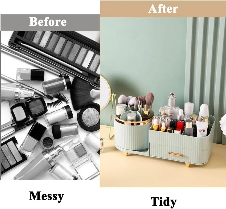 Makeup Organizer Countertop with Drawer 360 Rotating Brush Holder Storage Large Capacity Skincare Cosmetic Display Cases for Vanity Bathroom Desktop, Model 3016 Green