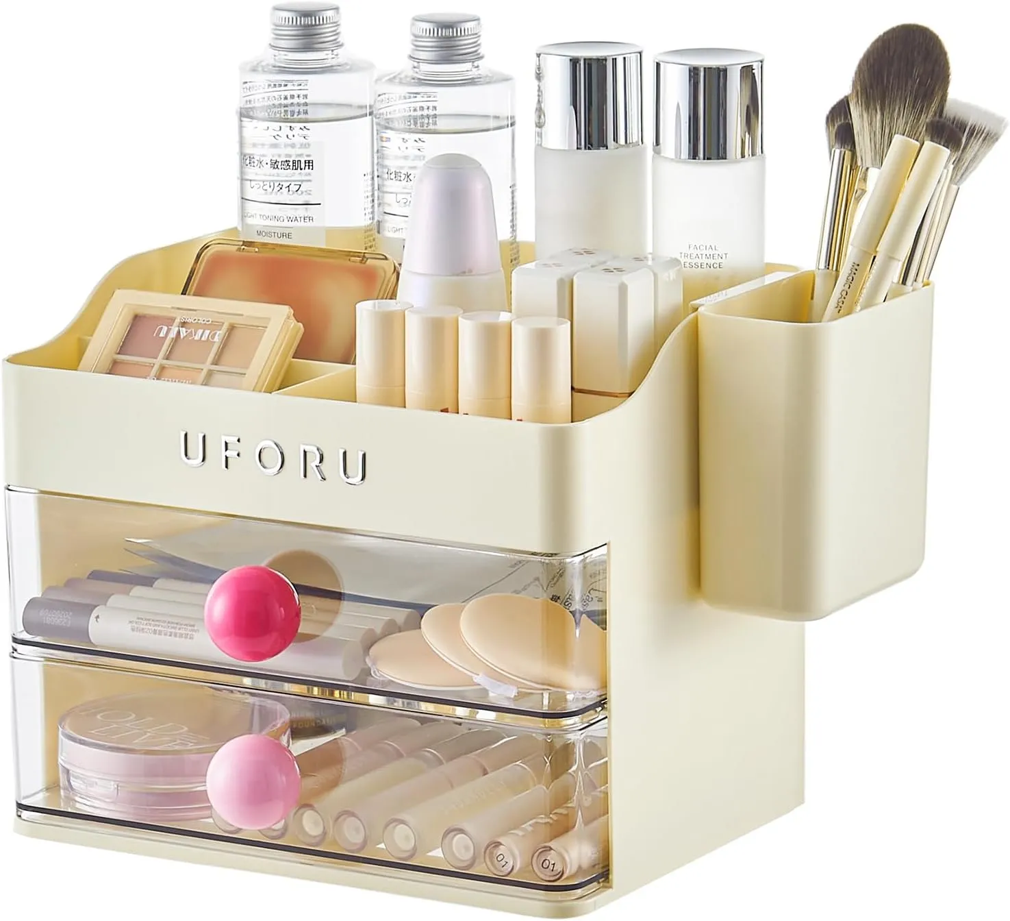 Makeup Organizer for Vanity with Brush Holder, Bathroom Counter Organizer with 2 Clear Drawers, Cosmetic Display Case for Beauty Essential, Skincare, Lipstick, Cream White&Pink