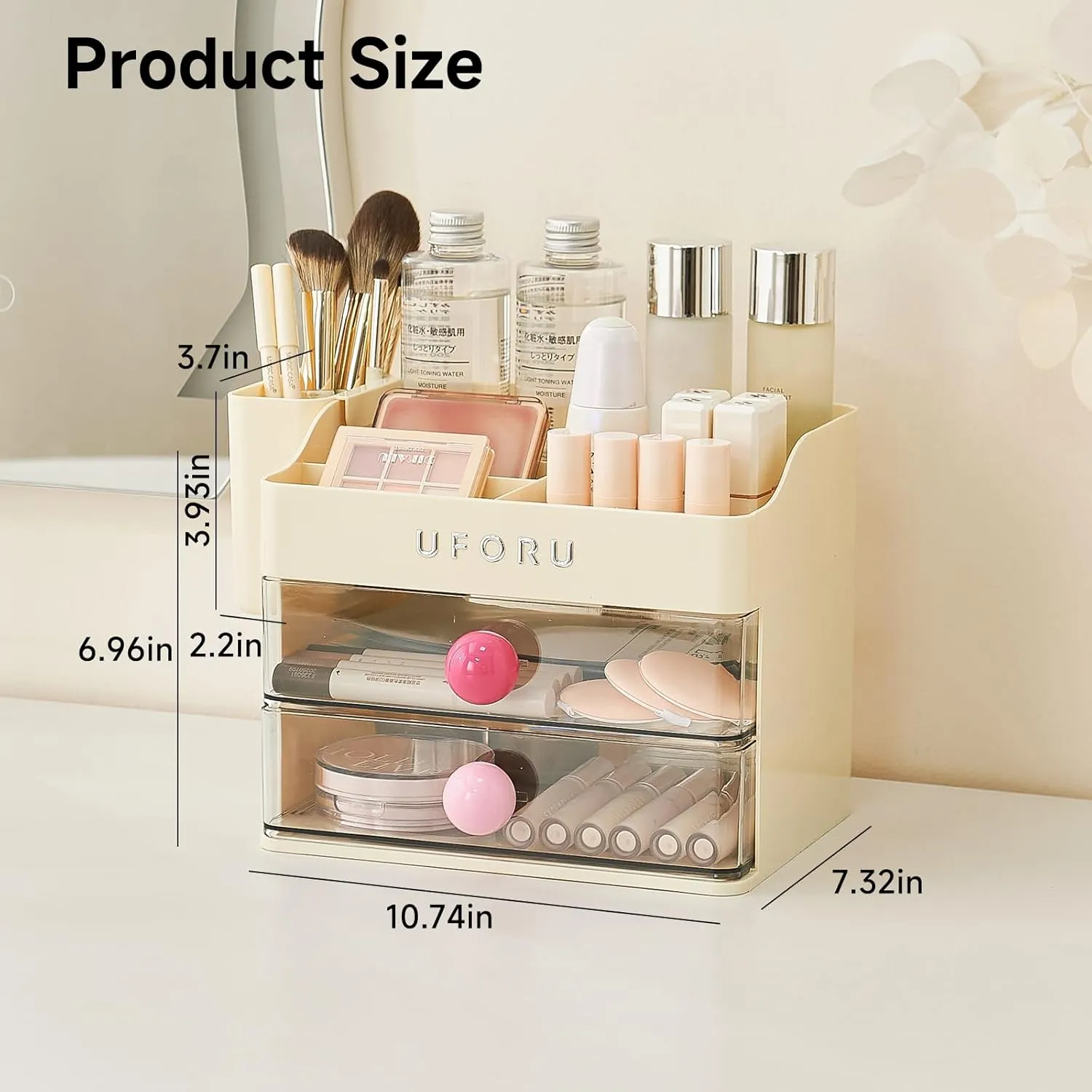 Makeup Organizer for Vanity with Brush Holder, Bathroom Counter Organizer with 2 Clear Drawers, Cosmetic Display Case for Beauty Essential, Skincare, Lipstick, Cream White&Pink