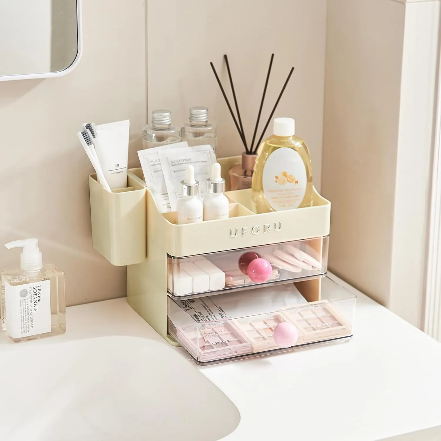 Makeup Organizer for Vanity with Brush Holder, Bathroom Counter Organizer with 2 Clear Drawers, Cosmetic Display Case for Beauty Essential, Skincare, Lipstick, Cream White&Pink