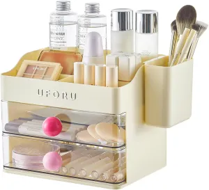 Makeup Organizer for Vanity with Brush Holder, Bathroom Counter Organizer with 2 Clear Drawers, Cosmetic Display Case for Beauty Essential, Skincare, Lipstick, Cream White&Pink