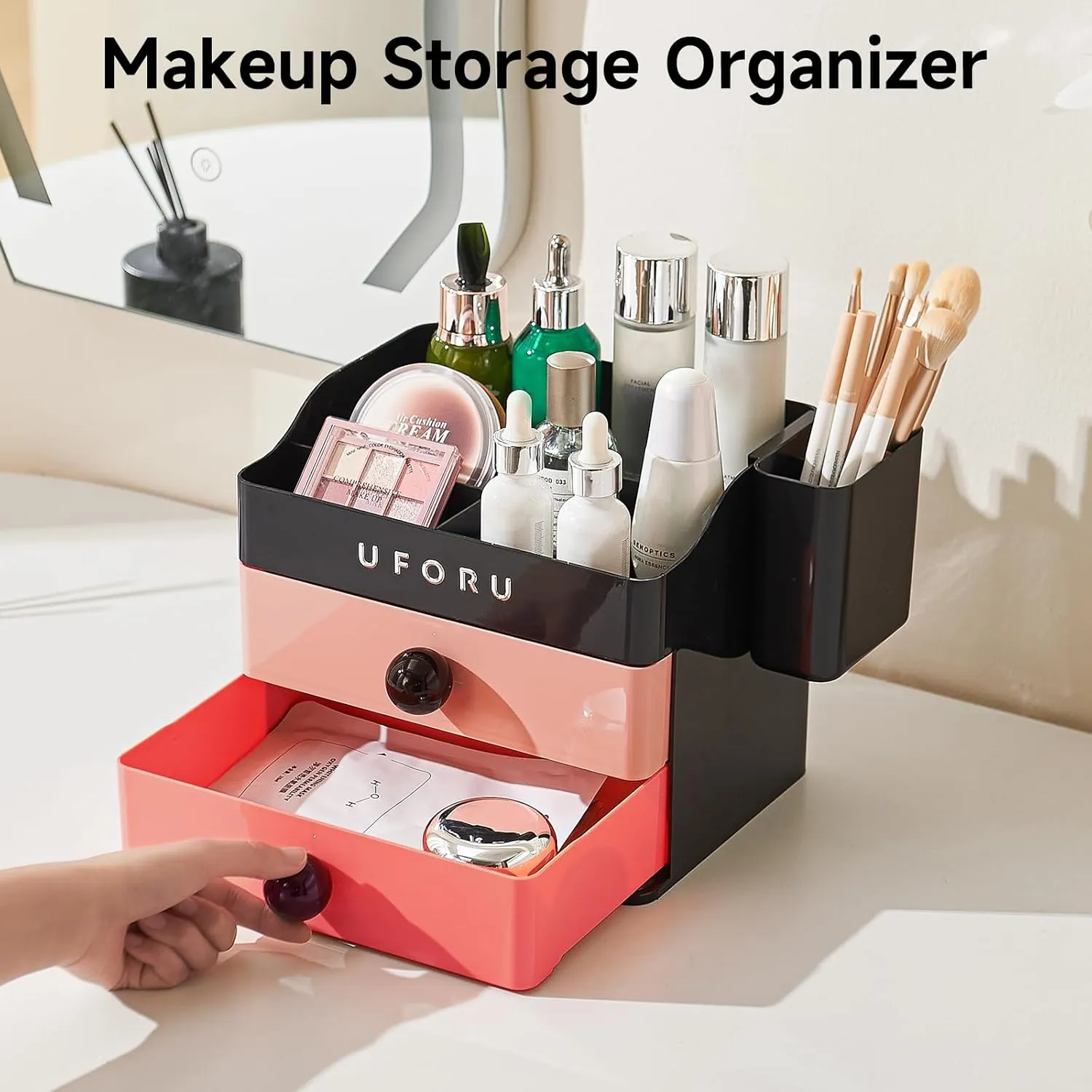 Makeup Organizer for Vanity with Brush Holder, Bathroom Counter Organizer with 2 Drawers, Cosmetic Display Case for Beauty Essential, Skincare, Lipstick, Black&Pink