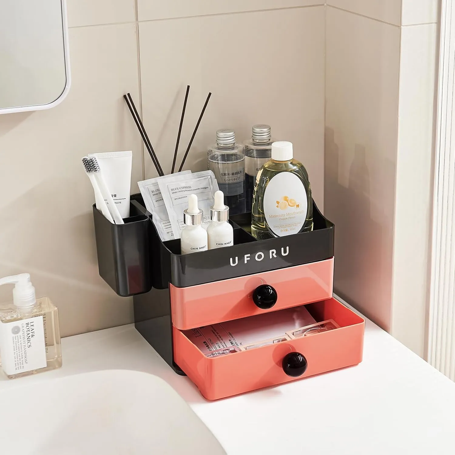 Makeup Organizer for Vanity with Brush Holder, Bathroom Counter Organizer with 2 Drawers, Cosmetic Display Case for Beauty Essential, Skincare, Lipstick, Black&Pink