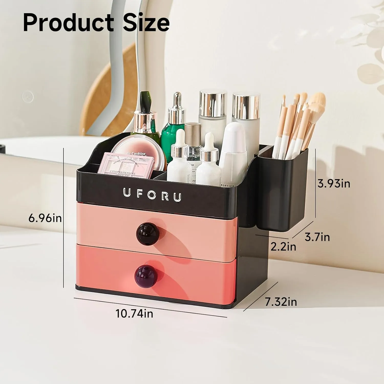 Makeup Organizer for Vanity with Brush Holder, Bathroom Counter Organizer with 2 Drawers, Cosmetic Display Case for Beauty Essential, Skincare, Lipstick, Black&Pink