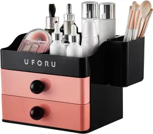 Makeup Organizer for Vanity with Brush Holder, Bathroom Counter Organizer with 2 Drawers, Cosmetic Display Case for Beauty Essential, Skincare, Lipstick, Black&Pink