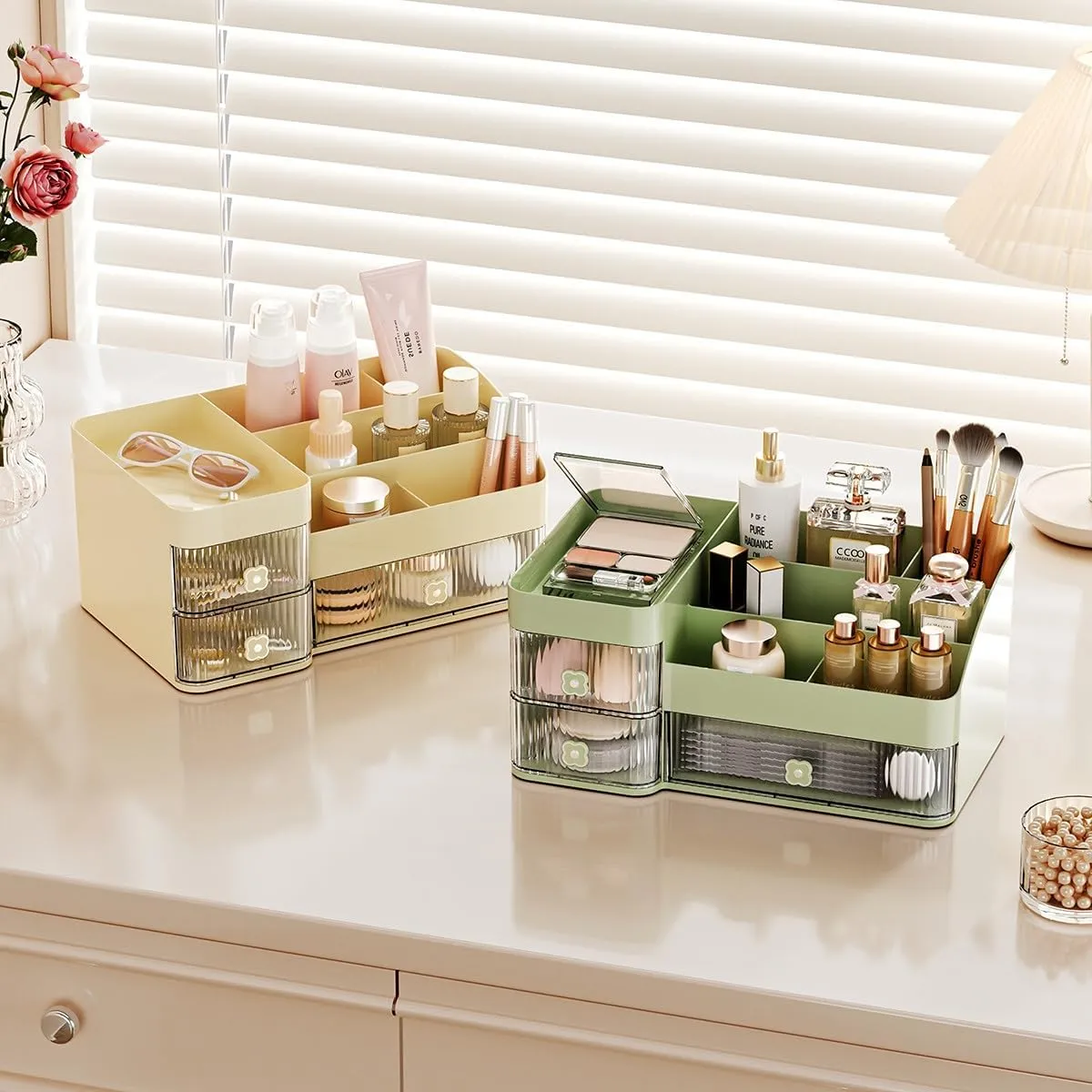 Makeup Organizers for Counter, 3 Drawers Plastic Cosmetic Storage for Vanity, Beauty Holder Countertop Organizer for Skincare Lipstick Brushes Eyeshadow Desktop (Green)